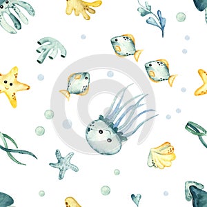 Watercolor seamless pattern with underwater creatures, jellyfish, squid, starfish, algae, corals