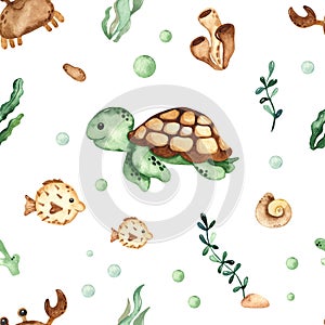 Watercolor seamless pattern with underwater creatures, sea turtle, fish, crab, algae, corals