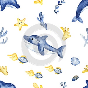 Watercolor seamless pattern with underwater creatures, shark, dolphin, fish, algae, corals