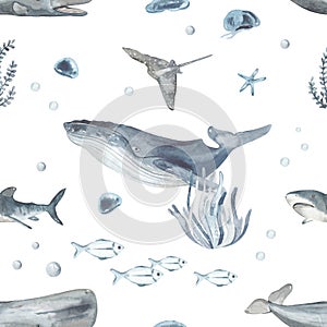 Watercolor seamless pattern with underwater creatures, sperm whale, whale, fish, shark, stingray in blue