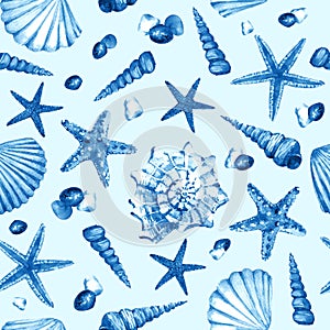 Watercolor seamless pattern with underwater life objects.