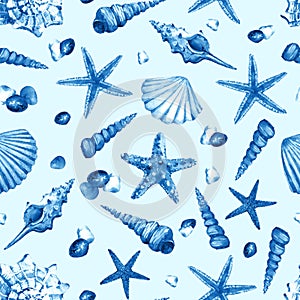 Watercolor seamless pattern with underwater life objects.