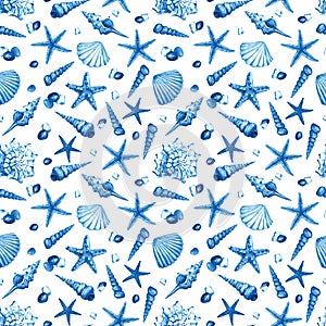 Watercolor seamless pattern with underwater life objects.