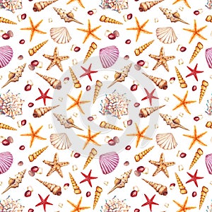 Watercolor seamless pattern with underwater life objects.