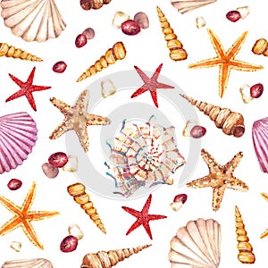 Watercolor seamless pattern with underwater life objects.