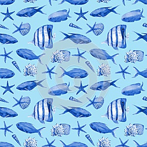 Watercolor seamless pattern with underwater life objects.