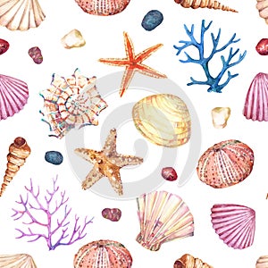 Watercolor seamless pattern with underwater life objects.