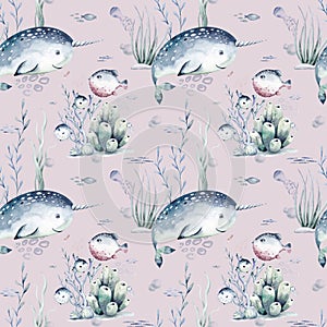 Watercolor seamless pattern with underwater world Bright fish, whale, shark dolphin starfish animals. Jellyfish seashells. Sea and