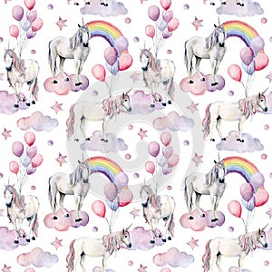 Watercolor seamless pattern with unicorns and rainbow. Hand painted magic horses, clouds, stars and air ballon