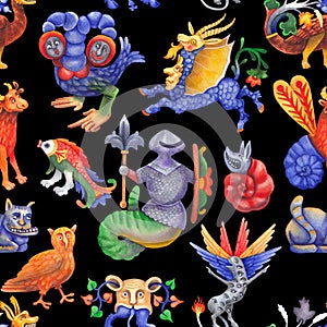 Watercolor seamless pattern of an unknown bestiary creature