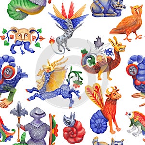 Watercolor seamless pattern of an unknown bestiary creature