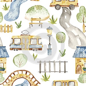 Watercolor seamless pattern with urban cartoon cute transport. Texture for boyish design, birthday, wallpaper, scrapbooking, print photo