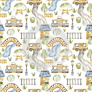 Watercolor seamless pattern with urban cartoon cute transport. Texture for boyish design, birthday, wallpaper, scrapbooking, print photo