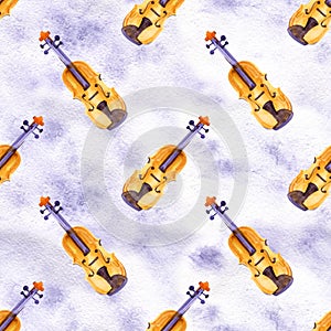 Watercolor seamless pattern for Valentine Day with violin and hearts, romantic music and love, hand drawing illustration