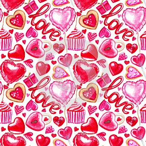Watercolor seamless pattern for Valentine`s day. Lips, heart, love, candy, cake, letter, gift and other cute hand drawn