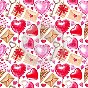 Watercolor seamless pattern for Valentine`s day. Lips, heart, love, candy, cake, letter, gift and other cute hand drawn