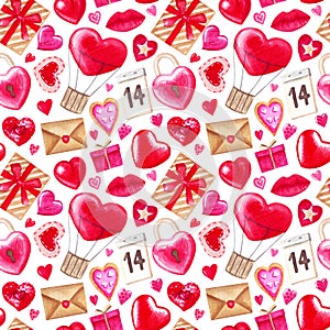 Watercolor seamless pattern for Valentine`s day. Lips, heart, love, candy, cake, letter, gift and other cute hand drawn