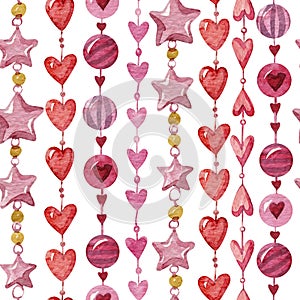 Watercolor seamless pattern for Valentine`s day. Chains of different hearts and stars on white background.