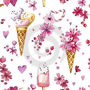 Watercolor seamless pattern for Valentine`s day. Sweets, ice-cream, flowers and hearts.