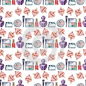 Watercolor seamless pattern with various perfume bottles and cosmetics