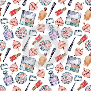 Watercolor seamless pattern with various perfume bottles and cosmetics