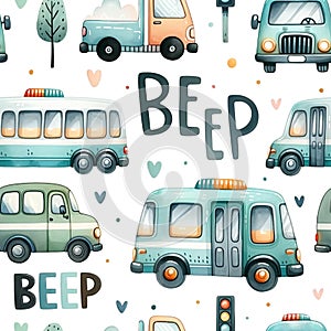 Watercolor seamless pattern with various vehicles, traffic light and \