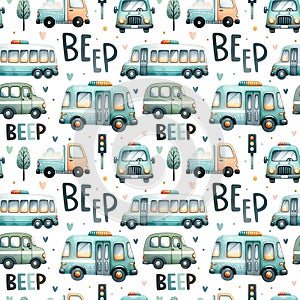 Watercolor seamless pattern with various vehicles, traffic light and \