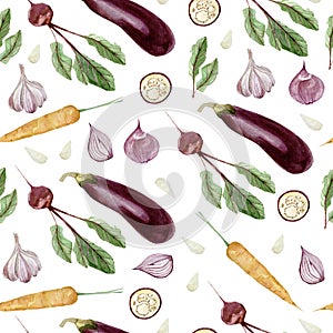 Watercolor seamless pattern vegeterian healthy food. Hand painted vegetable. Eco food