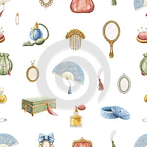 Watercolor seamless pattern vintage beauty accessories