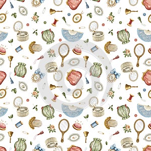 Watercolor seamless pattern vintage beauty accessories