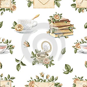 Watercolor seamless pattern vintage objects and flowers