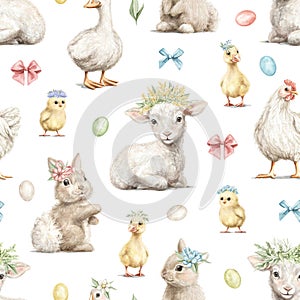 Watercolor seamless pattern with vintage rabbits, goose, lamb, chicken,gosling animals and Easter eggs