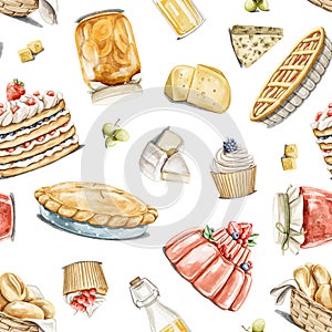 Watercolor seamless pattern with vintage set of sweet dessert, cupcakes, pies and jams