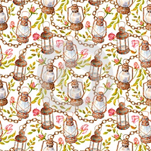 Watercolor seamless pattern in vintage style. Floral elements, chain and old kerosene lamps. Hand painted lanterns, dry rose