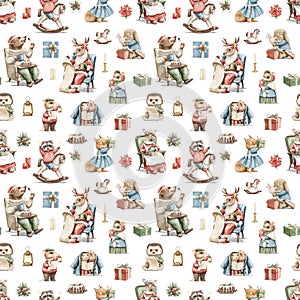 Watercolor seamless pattern with vintage variety set of animals in Christmas clothes and objects