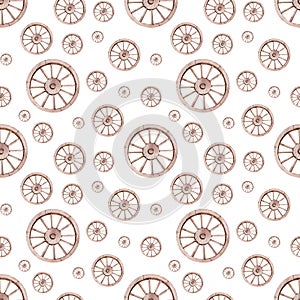 Watercolor seamless pattern of the vintage wooden wagon wheels. Hand-drawn transport background