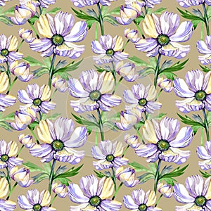 Watercolor seamless pattern with violet anemones, lilac wrapping paper, decorative greeting, watercolor flowers, anemone