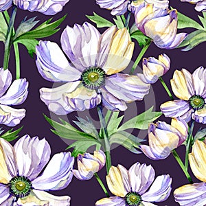 Watercolor seamless pattern with violet anemones, lilac wrapping paper, decorative greeting, watercolor flowers, anemone