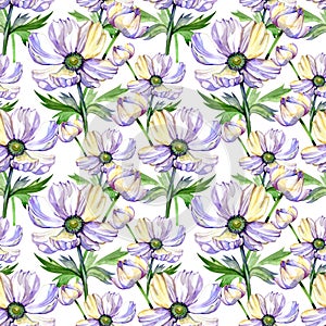 Watercolor seamless pattern with violet anemones, lilac wrapping paper, decorative greeting, watercolor flowers, anemone