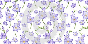 Watercolor seamless pattern with violet freesia flowers. Hand drawn color background for textile
