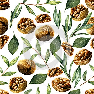 Watercolor seamless pattern with walnuts and greenery. Tropic design with natural organic elements