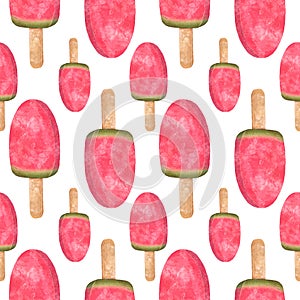 Watercolor Seamless Pattern with Watermelon Ice Cream. Watermelon ice cream on a stick. Watermelon ice on a stick.