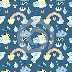 Watercolor seamless pattern of the weather for kids.Cute rainbow, cloud