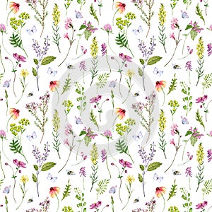 Watercolor seamless pattern with wildflowers and grass with bumble bees and butterflies. Hand drawn floral background.