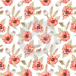 Watercolor seamless pattern with wild poppy flowers. Red flowers clipart. Background with wheats, poppies, green leaves, branches