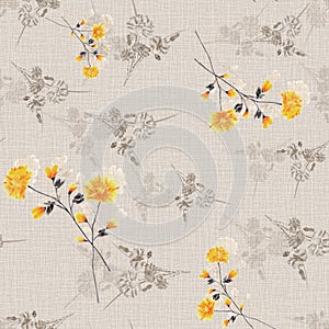 Watercolor seamless pattern of wild small yellow and beige flowers on a beige linen background -5