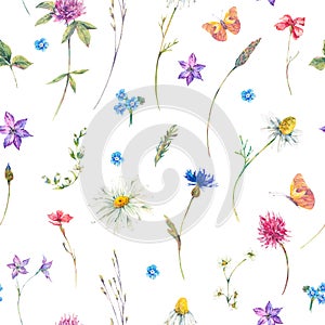 Watercolor seamless pattern with wildflowers