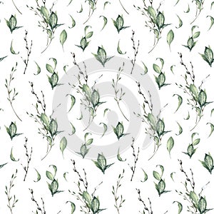 Watercolor Seamless Pattern with Willow and Foliage on White Background