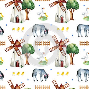 Watercolor seamless pattern with windmill,tree,fence,donkey,goose,chicken