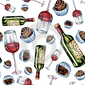 Watercolor seamless pattern of wine and sweets.